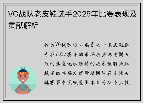 VG战队老皮鞋选手2025年比赛表现及贡献解析