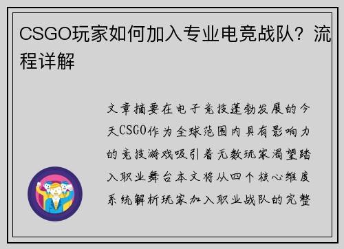 CSGO玩家如何加入专业电竞战队？流程详解