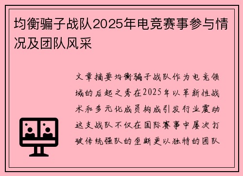 均衡骗子战队2025年电竞赛事参与情况及团队风采